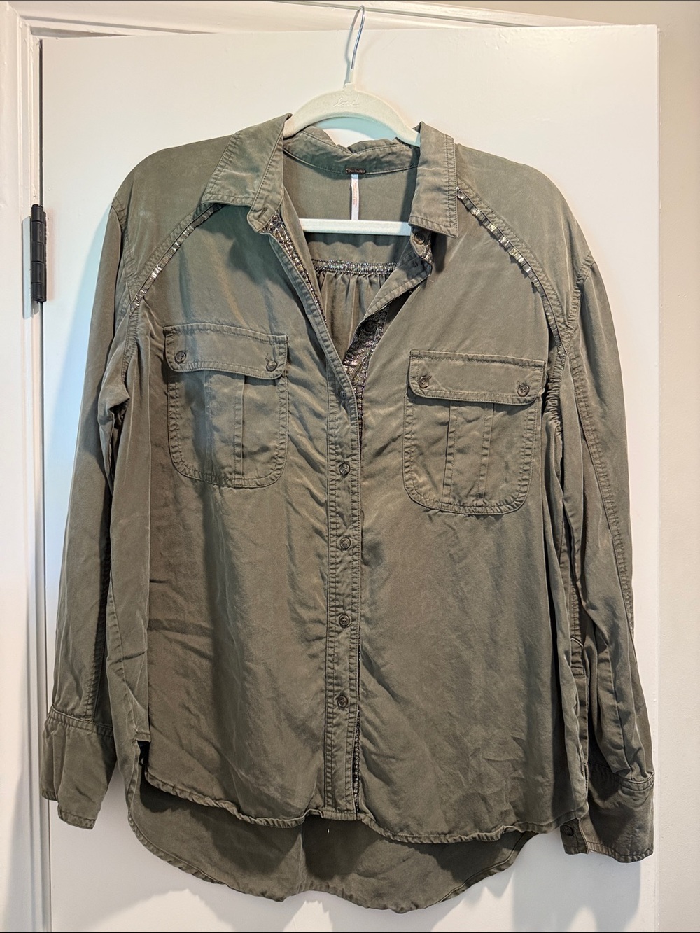 Free People Military Green Button-Up Shirt